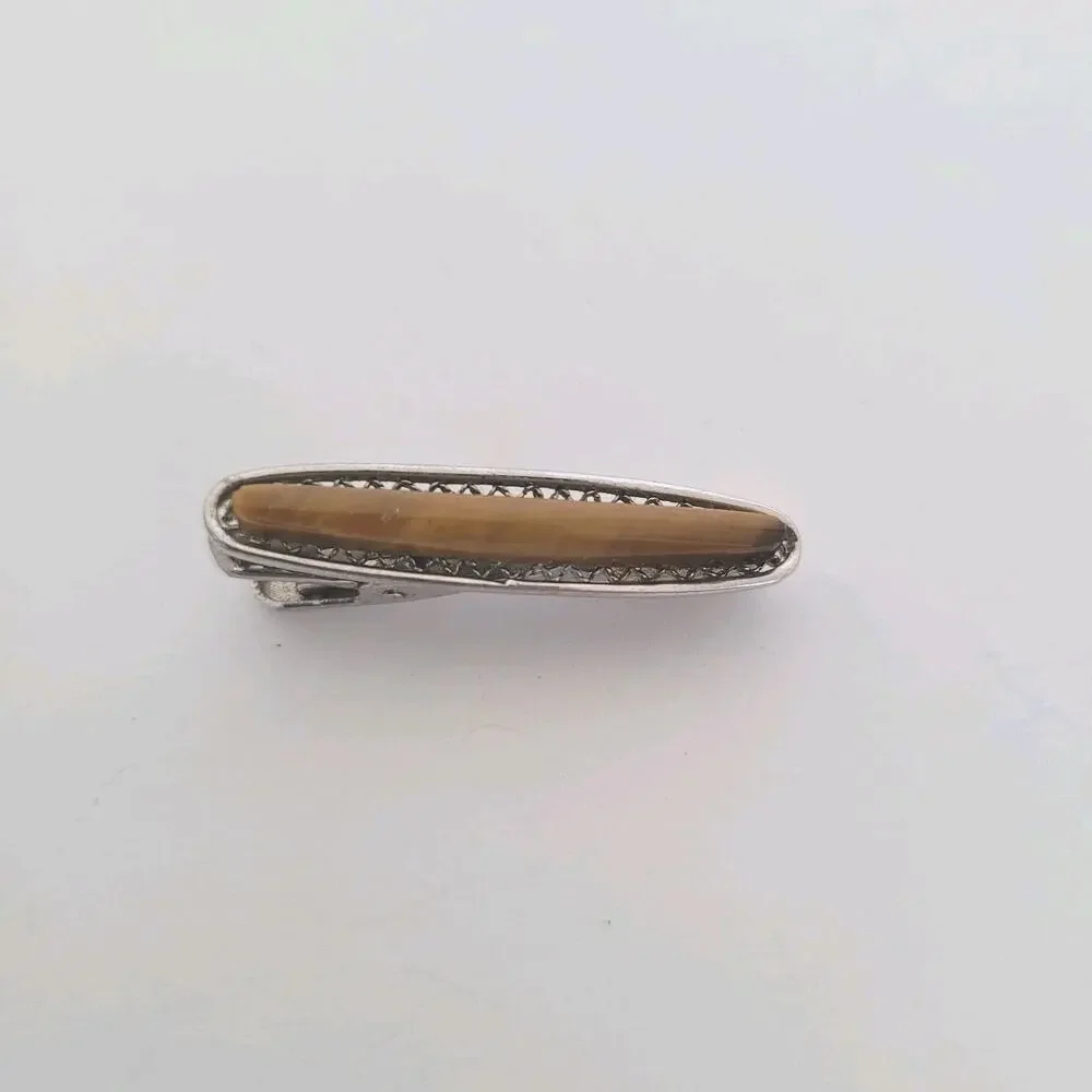 Tiger's Eye Agate Brown Silver Bar Clip Tac Clasp Retro Vintage Unbranded Small‎